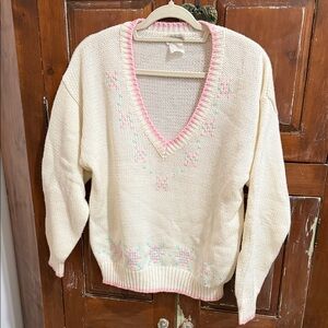 Vintage Cream V-Neck Sweater with Pink Floral Details